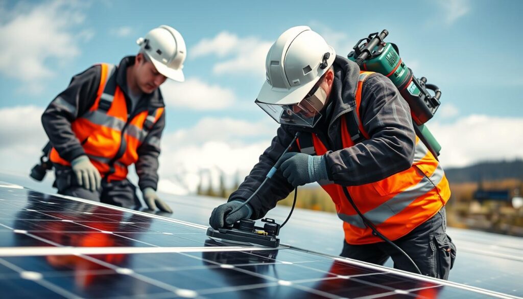 Generate an image of Juneau Green Energy Maintenance technicians inspecting solar panels with specialized equipment.