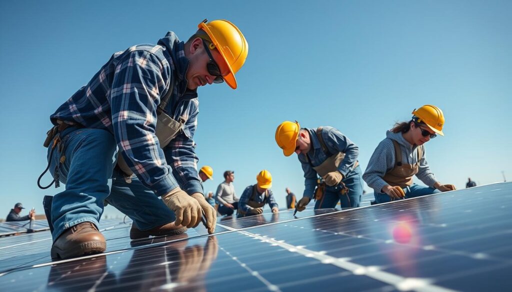 Generate an image of Minot Renewable Energy Maintenance's team performing maintenance on solar panels.