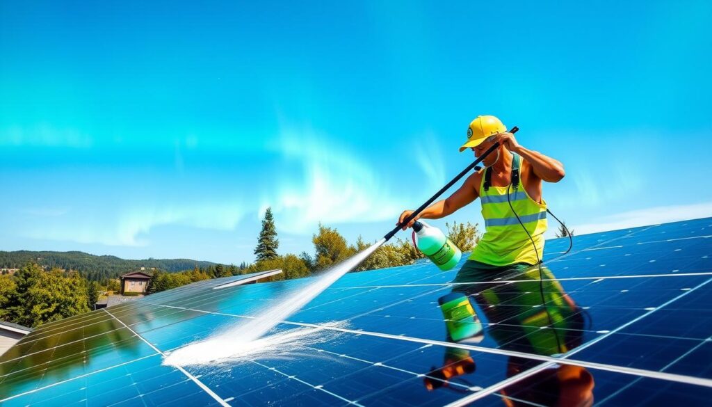 Generate an image of Northern Lights Exterior Cleaning technicians using eco-friendly solutions to clean solar panels.