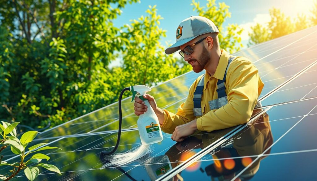Generate an image of Northern Lights Maintenance's technician using eco-friendly cleaning solutions on solar panels.