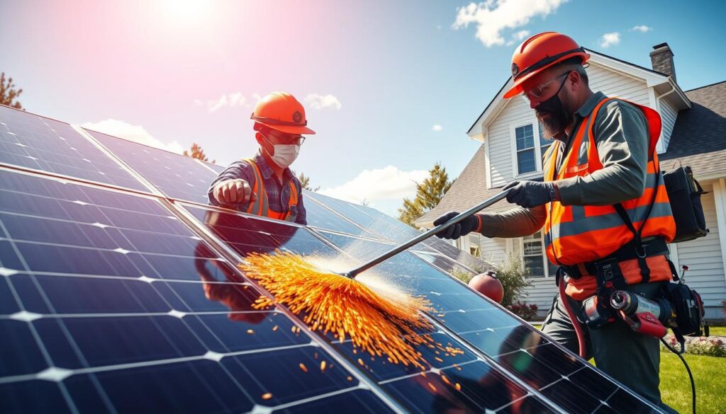 Generate an image of PV Maine Solar's technicians cleaning solar panels on a residential property in Lamoine, ME.