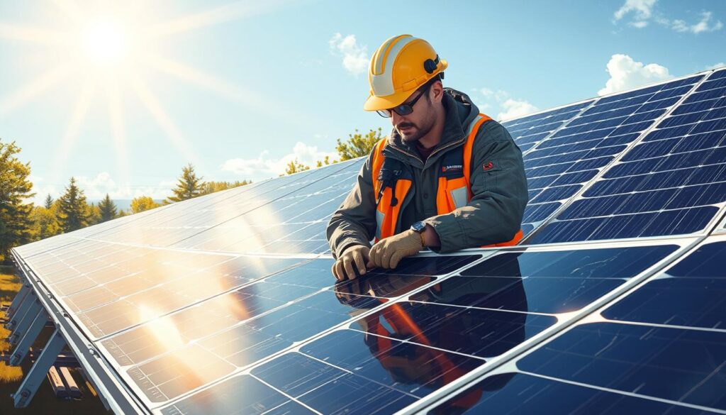 Generate an image of ReVision Energy technicians inspecting solar panels in Bangor, ME.