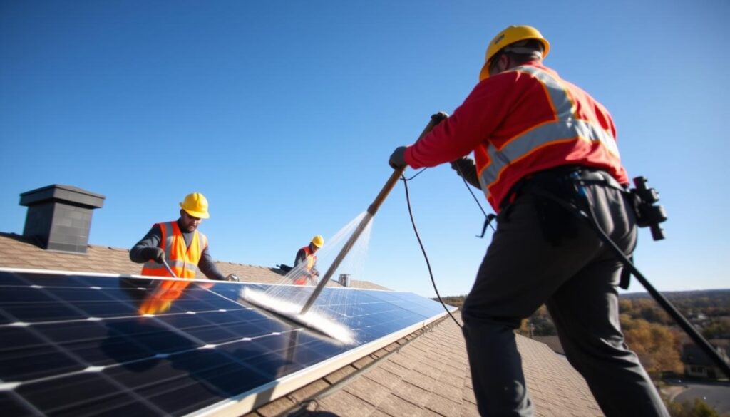Generate an image of Sundog Solar's crew cleaning solar panels on a residential roof in Bangor, ME.