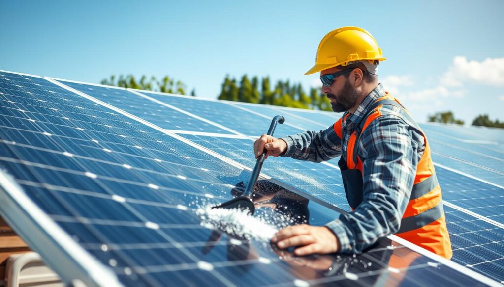 Generate an image of a Clean Energy Professionals technician inspecting and cleaning solar panels.