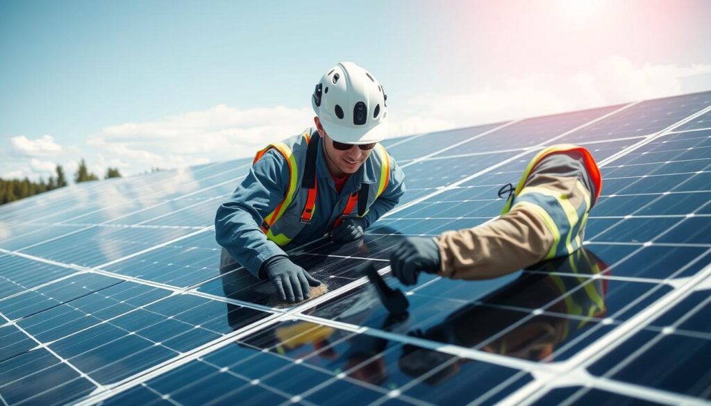 Generate an image of a SolarLogix, LLC team member cleaning solar panels in Bangor, ME.