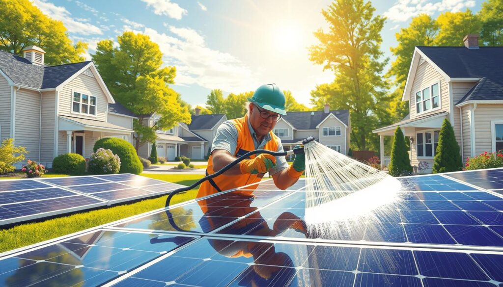 Generate an image of a Squeaky Clean Solar Solutions technician cleaning solar panels in Auburn, ME.
