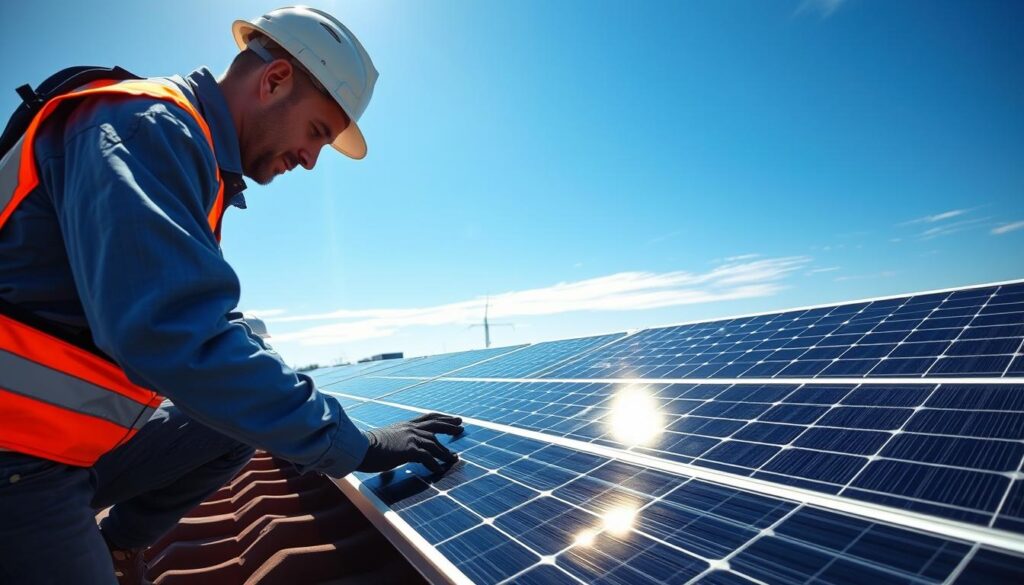 Generate an image of a SunPower maintenance specialist inspecting solar panels.