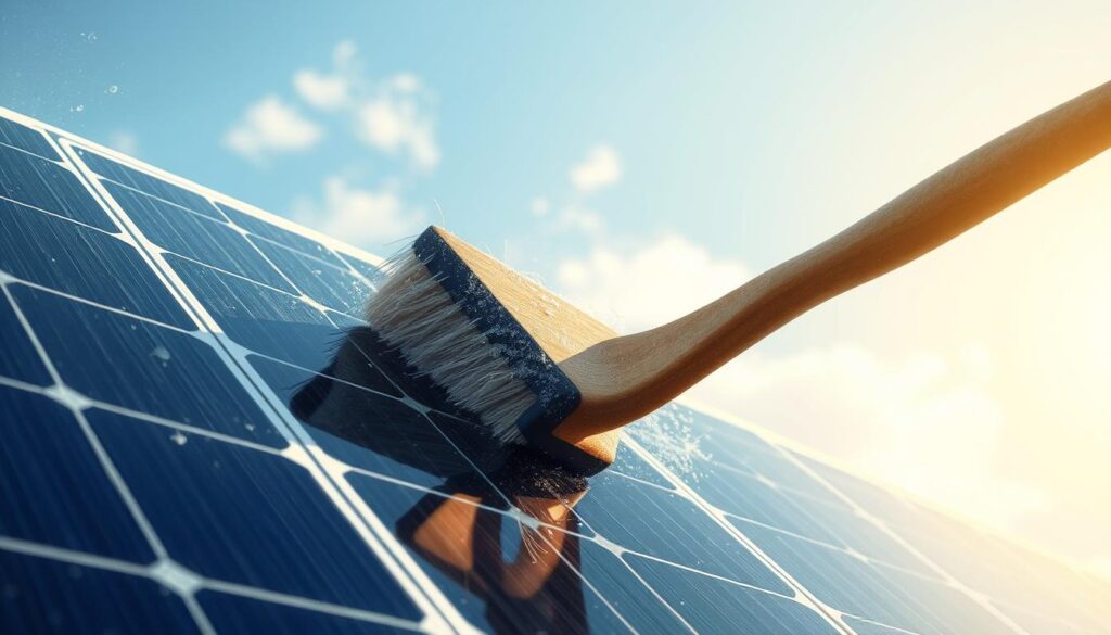 Generate an image of a residential solar panel being cleaned with a soft-bristled brush.