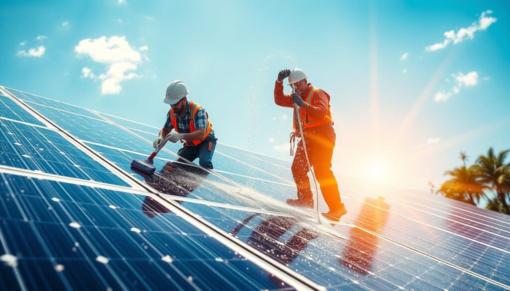 Generate an image of a solar panel installation being cleaned by a professional team.