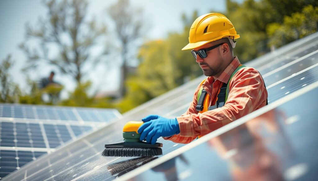Generate an image of a technician cleaning solar panels with eco-friendly equipment.
