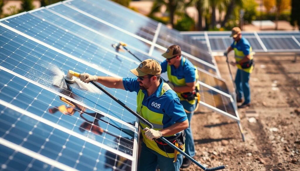 Image of 605 Cleaning's team in action, cleaning solar panels