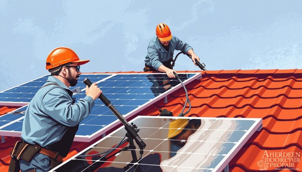 Image of Aberdeen Roof Repair Pros technicians cleaning solar panels