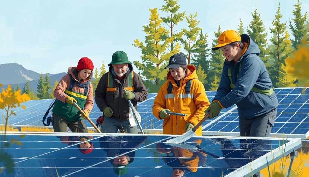 Image of Alaska Clean Energy team using eco-friendly methods to clean solar panels