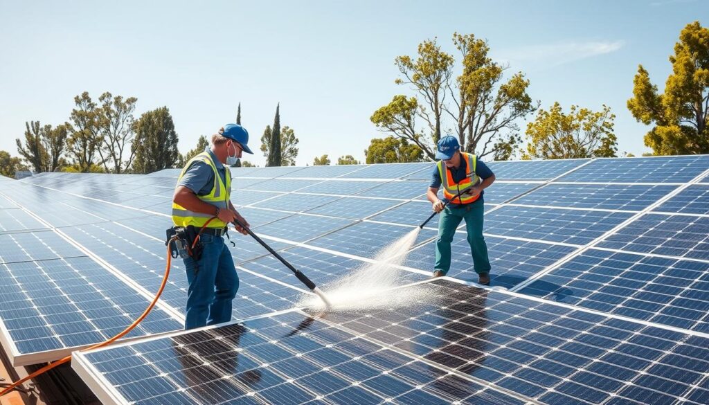 Image of Auburn Solar Panel Cleaning Pros' team in action, cleaning solar panels.