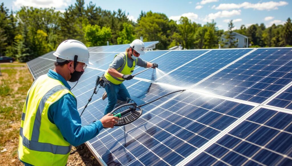 Image of Chim Chimney Solar Panel Cleaning team in Auburn, ME, cleaning solar panels.