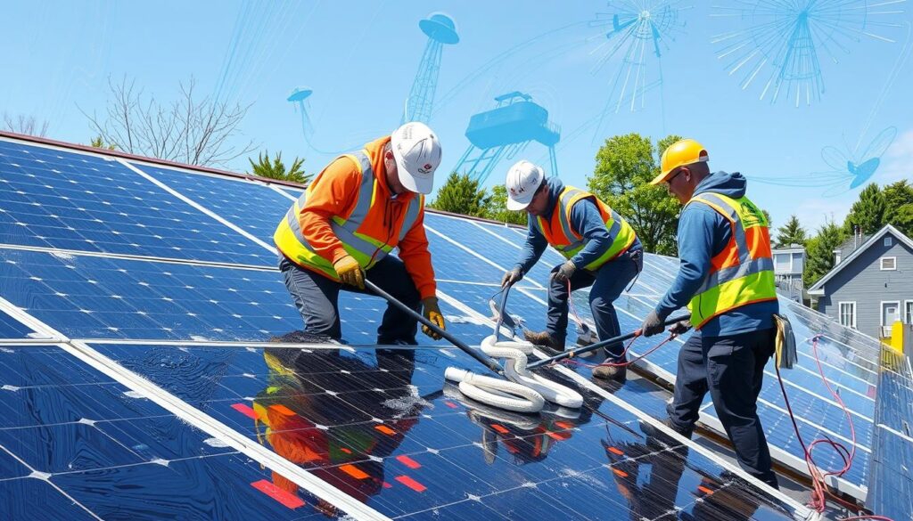 Image of Clean Up Group NE team cleaning solar panels in Portland, ME