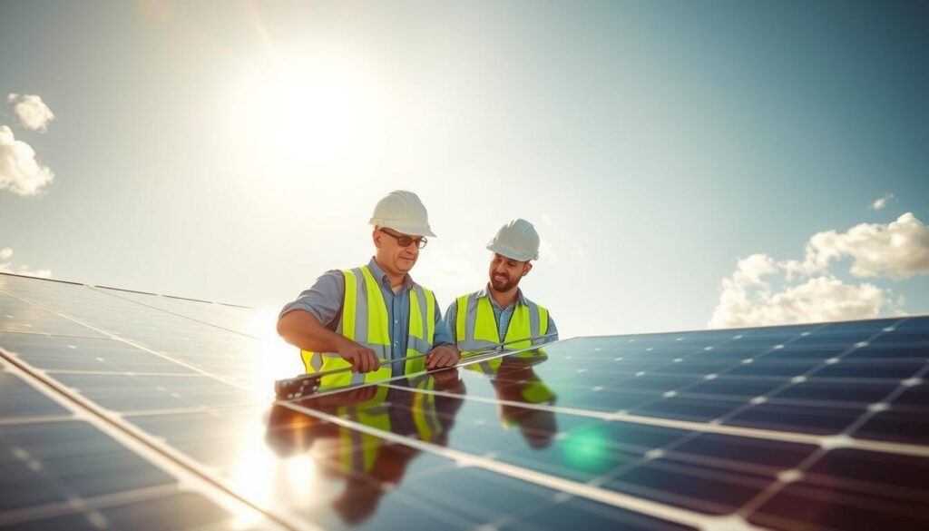 Image of Holsen Home Automation & Solar's team inspecting solar panels