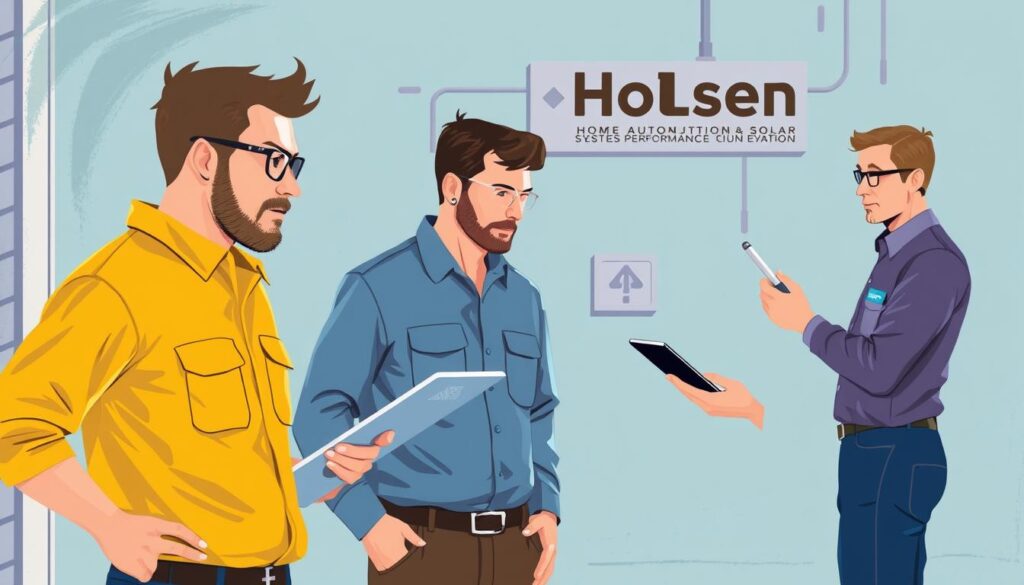 Image of Holsen Home Automation & Solar's technicians performing a system performance check.
