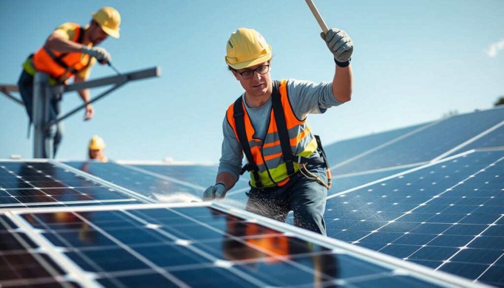 Image of Lewiston Clean Energy Pros team performing a solar panel cleaning service