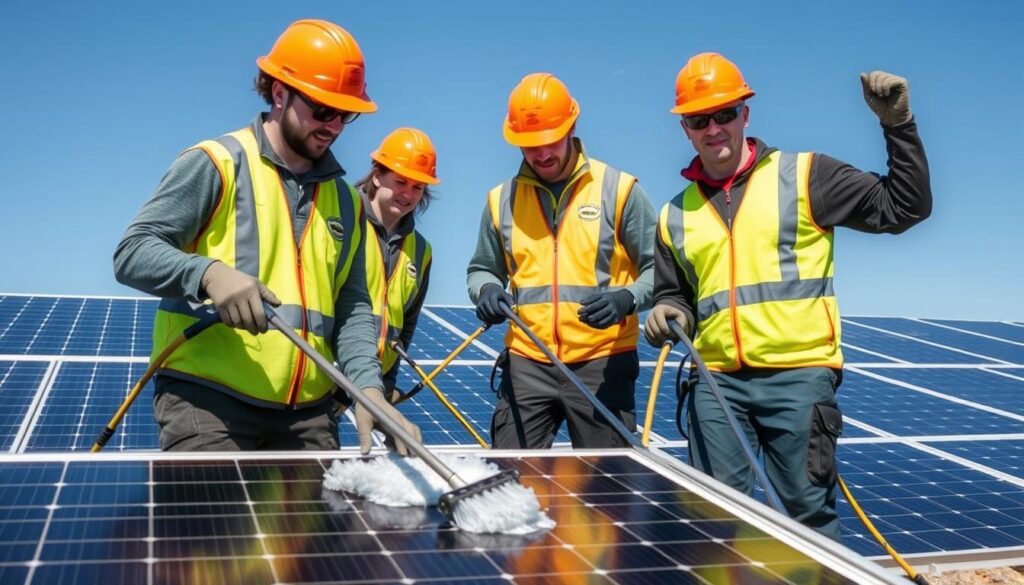 Image of Maine Solar Maintenance Experts' team cleaning solar panels in Auburn, ME