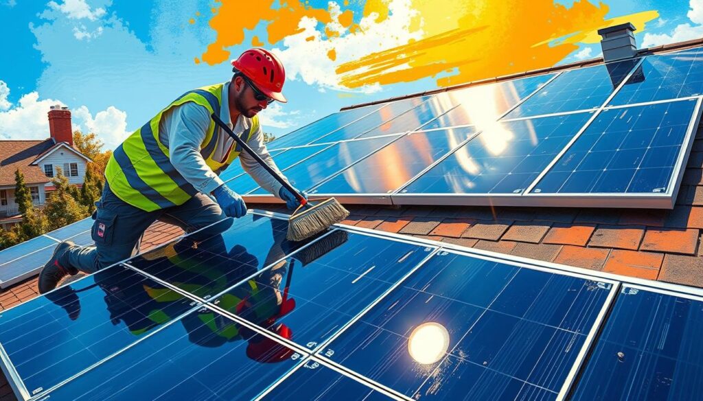 Image of Maine Solar Solutions technicians cleaning solar panels on a residential roof