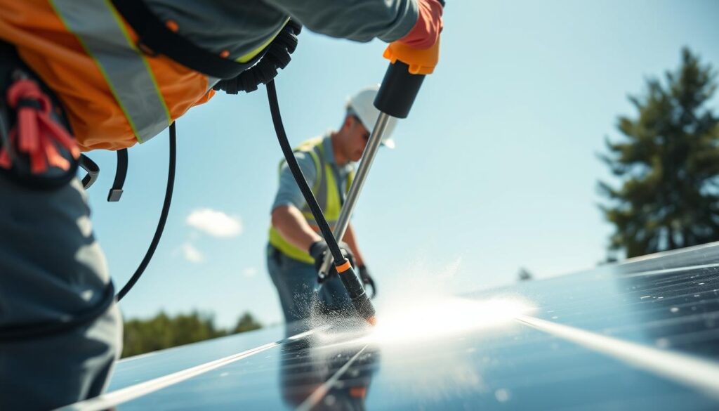 Image of Maine Solar Solutions technicians cleaning solar panels with specialized equipment