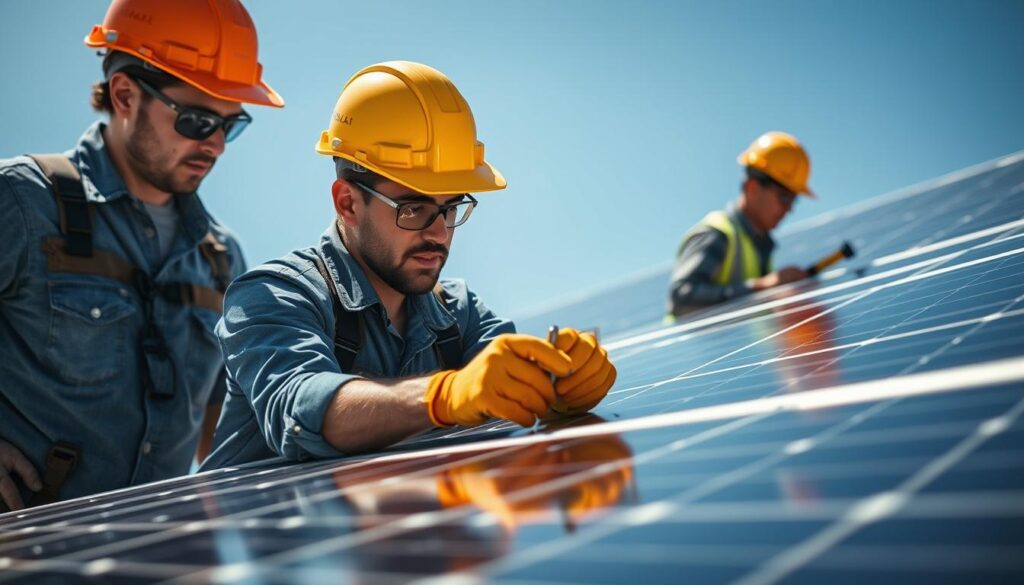 Image of Midwest Solar Solutions' technicians inspecting solar panels