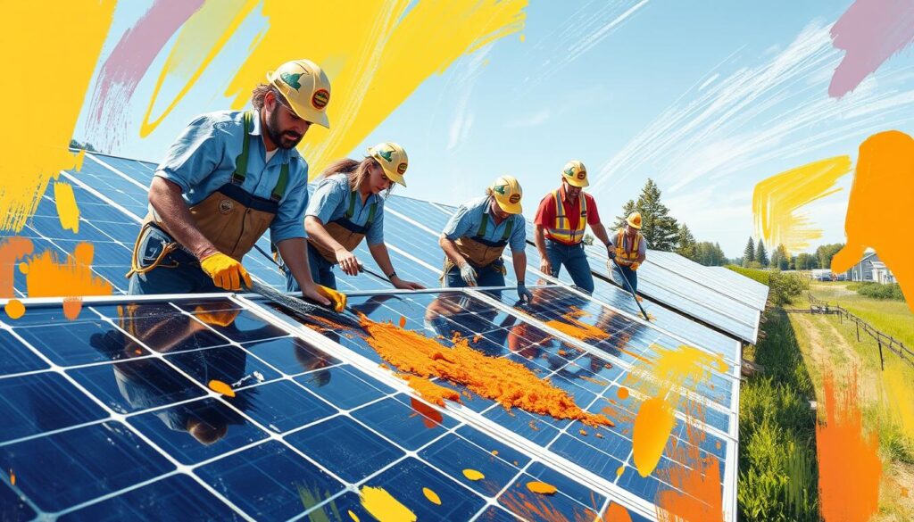 Image of North Dakota Clean Energy Solutions' team performing solar panel cleaning