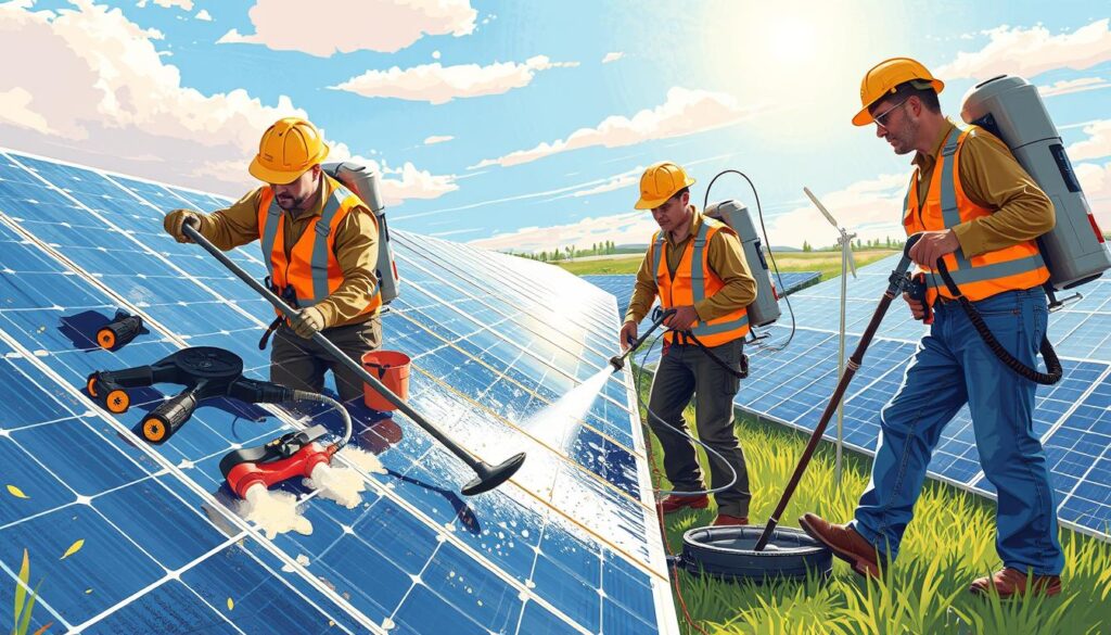 Image of North Dakota Solar Solutions' team using their specialized cleaning equipment.