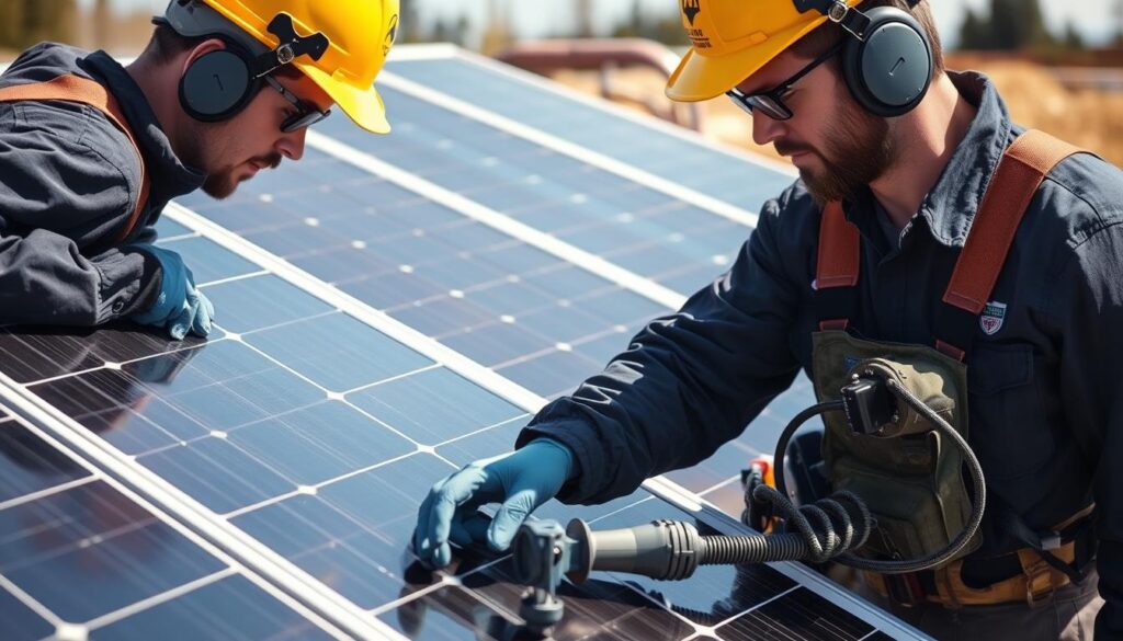 Image of Northwest Solar Maintenance technicians inspecting solar panels