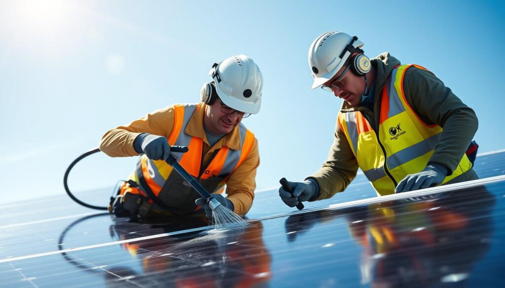 Image of OrganiClean technicians inspecting and cleaning solar panels