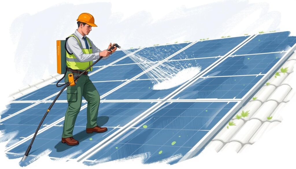 Image of OrganiClean technicians using eco-friendly equipment to clean solar panels
