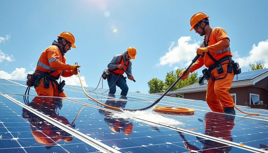 Image of Palmer's Window Washing team cleaning solar panels in Lewiston, ME
