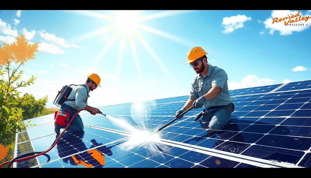 Image of Red River Valley Pressure Washing's equipment and technicians cleaning solar panels.