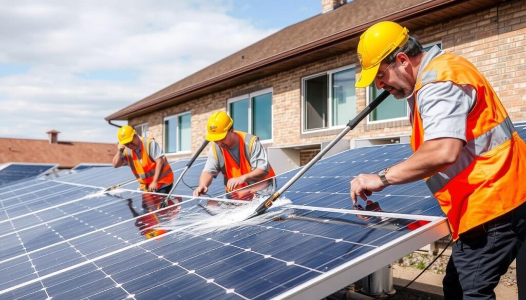 Image of Sioux Empire Shine's team cleaning solar panels in Sioux Falls