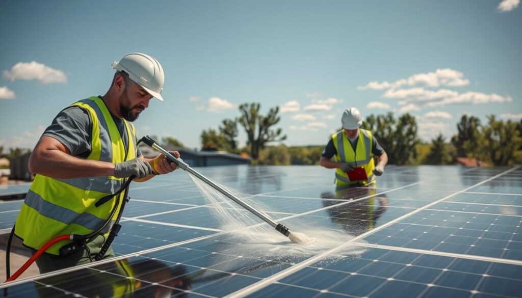 Image of Solar Panel Cleaning Experts of Fargo technicians cleaning solar panels with eco-friendly equipment.