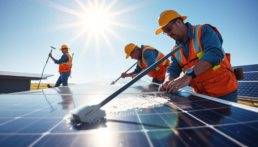 Image of Squeegee Squad team members cleaning solar panels in Fargo, ND
