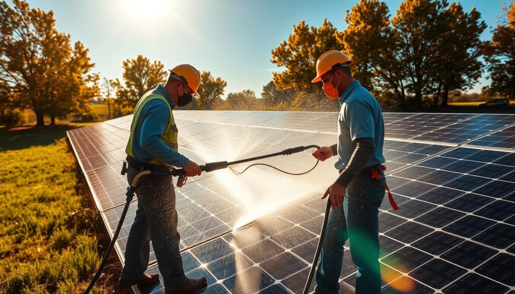 Image of Steamatic of The Red River Valley's technicians cleaning solar panels with advanced pressure washing equipment.