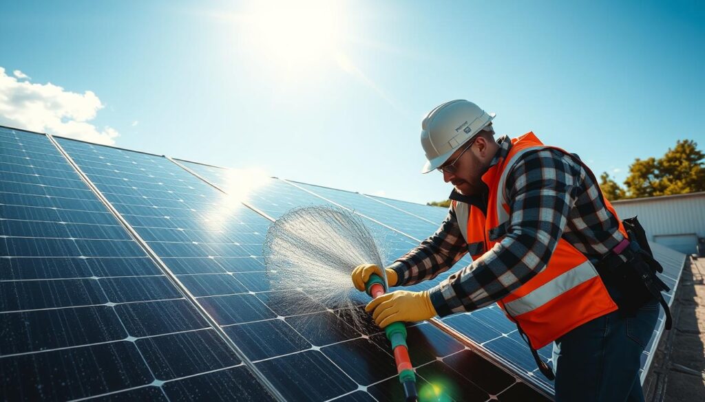 Image of Todavich Electric Inc's team inspecting and cleaning solar panels.