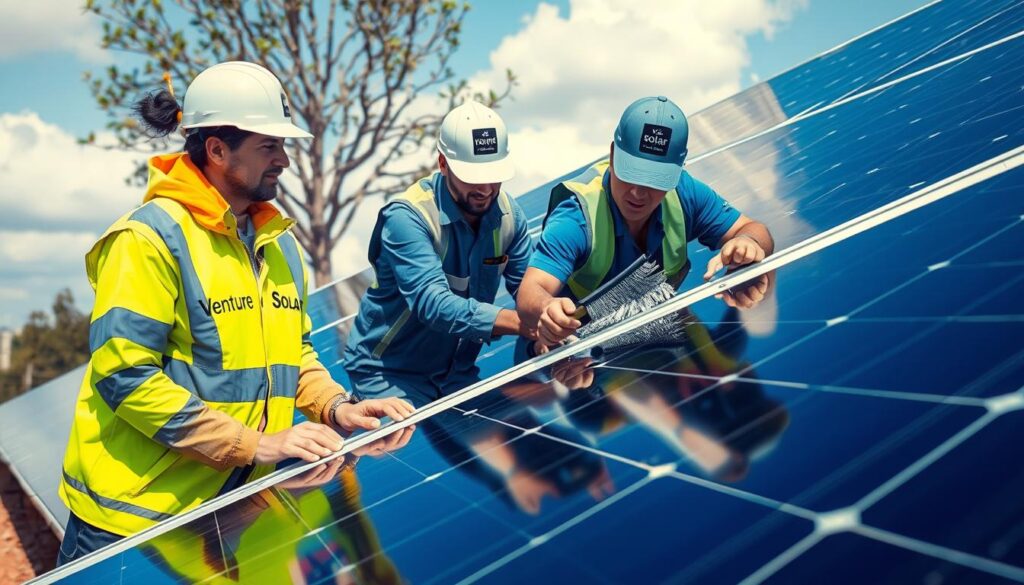 Image of Venture Solar team inspecting and cleaning solar panels