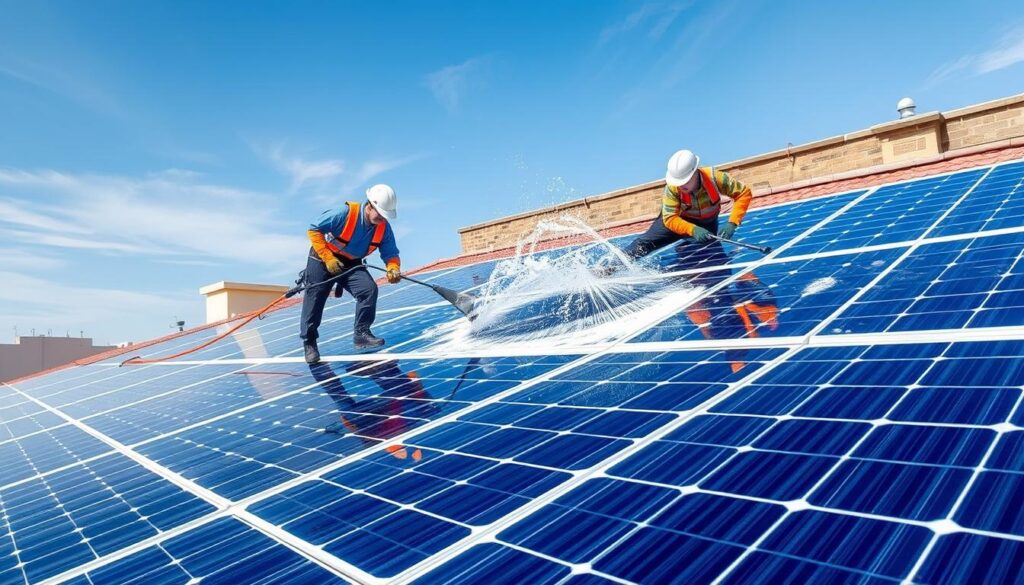 Image of Wager Roofing and Solar team cleaning solar panels in Rapid City