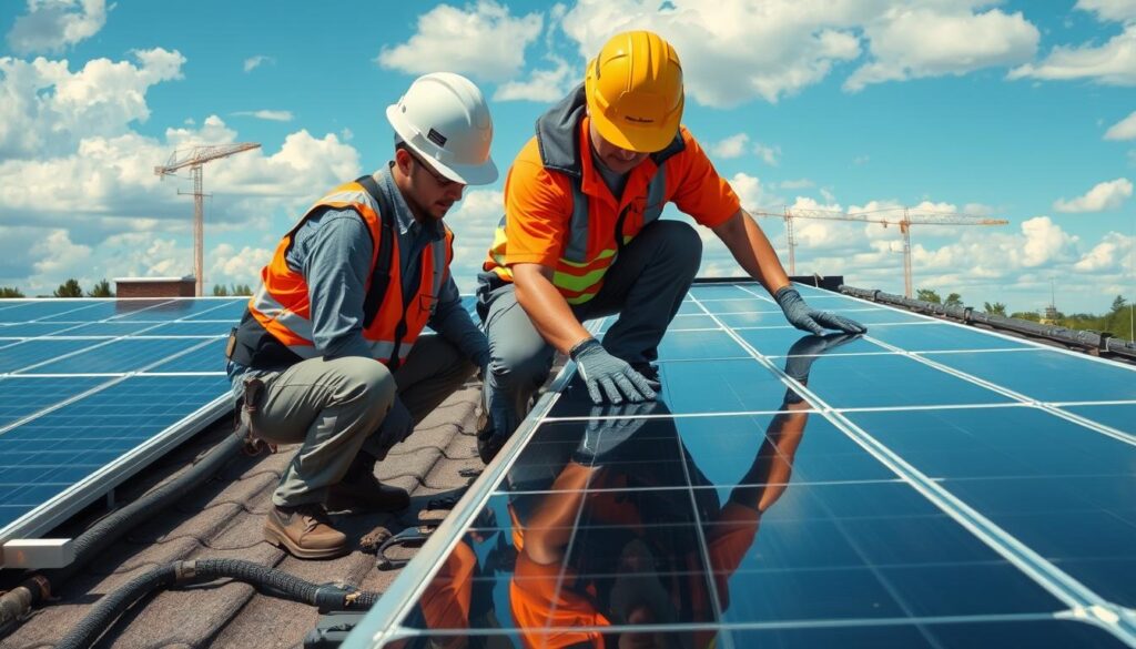 Image of Wegner Roofing & Solar team inspecting solar panels