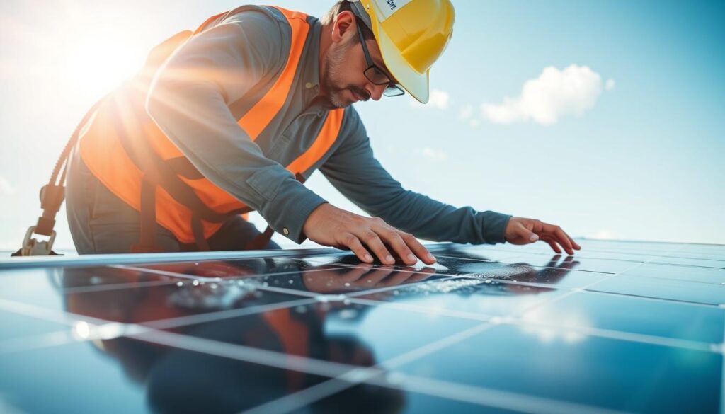 Image of West Fargo Solar Maintenance Pros' technicians cleaning solar panels