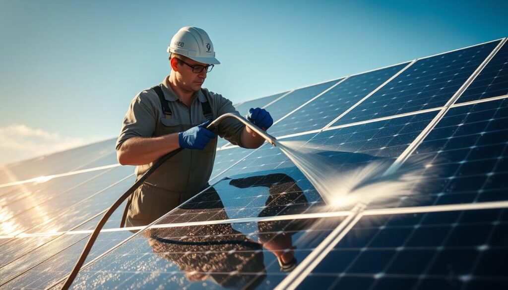 Image of a professional pressure washing technician cleaning solar panels in Fargo