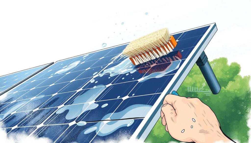 Image of a solar panel being cleaned with de-ionized water and a soft-bristled brush