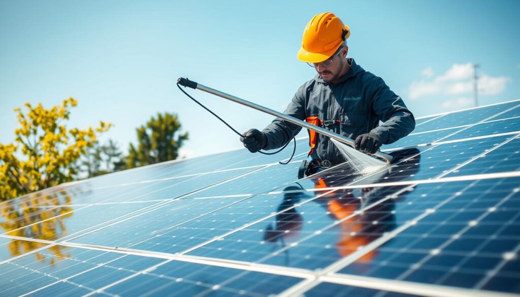 Image of a solar panel cleaning professional using a telescoping pole