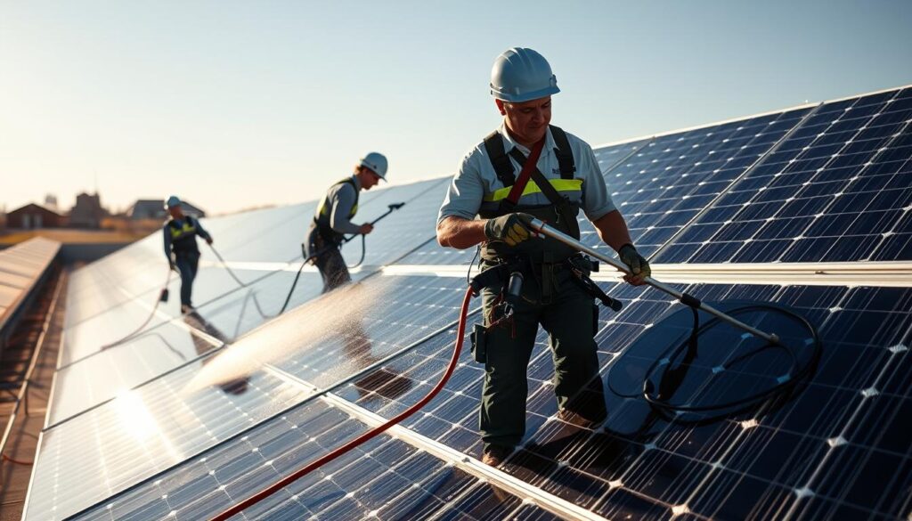 Image of solar panel cleaning technicians at work in Fargo
