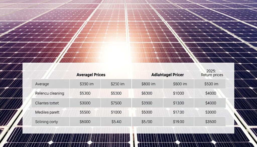 A detailed, photorealistic image of a side-by-side cost comparison of professional solar panel cleaning services in Rock Springs, Wyoming for the year 2025. The image should display a table or infographic showing the average prices, service details, and return on investment for different solar panel cleaning providers in the area. The table should be set against a backdrop of a well-maintained, clean solar array with strong natural lighting illuminating the panels. The composition should convey the cost-effectiveness and value of professional solar panel maintenance, emphasizing the importance of regular cleaning for optimal energy output.