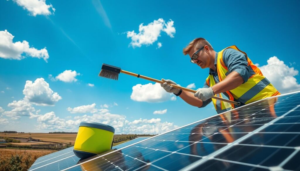 A professional technician carefully cleaning solar panels using a long-handled brush, gently removing dirt and debris while ensuring maximum solar energy absorption. The panels are set against a picturesque rural landscape, with a bright blue sky and fluffy white clouds overhead. Sunlight streams down, casting dynamic shadows across the scene. The technician wears a high-visibility safety vest, gloves, and protective eyewear, showcasing the importance of safety in professional solar panel maintenance. The entire composition conveys a sense of efficiency, care, and environmental responsibility.