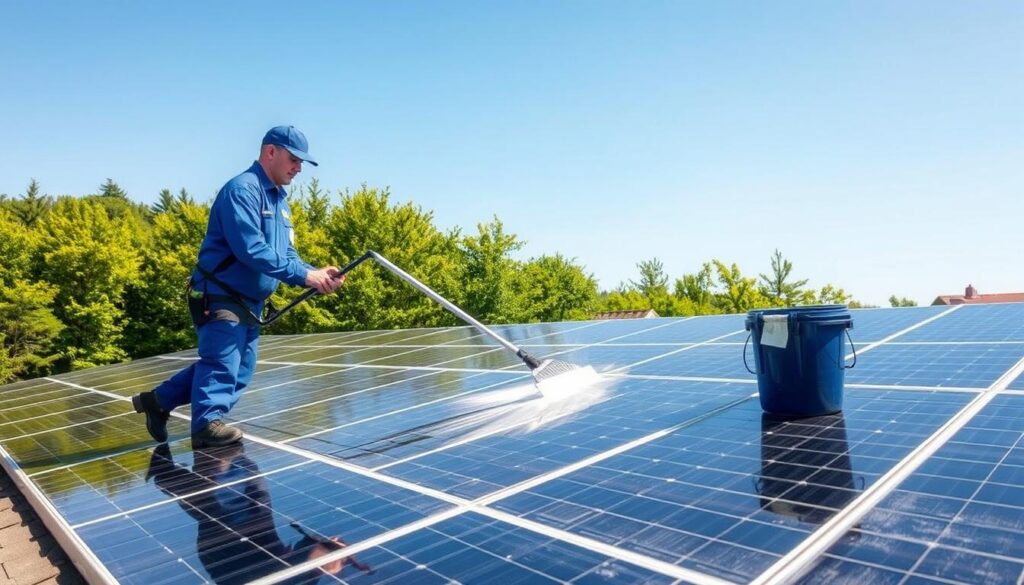 A professional technician in a blue uniform is carefully cleaning the solar panels on a rooftop in Essex Junction, Vermont. The panels are arranged in neat rows, reflecting the bright morning sunlight. The technician is using a long-handled squeegee and a bucket of soapy water to methodically wipe away dirt and grime, ensuring maximum efficiency for the homeowner. The surrounding landscape shows lush green trees and a clear blue sky, creating a serene and tranquil atmosphere. The image conveys the benefits of professional solar panel cleaning in Essex Junction, prioritizing optimum energy production and preserving the long-term integrity of the solar system.